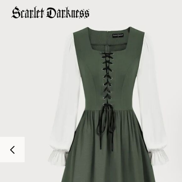 Colonial Contrast Color Dress Square Neck A-Line Dress green - Picture 4 of 15